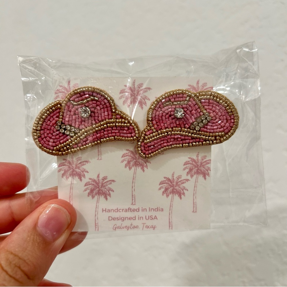 NEW Beaded Earrings Pink Cowboy Hat Cowgirl BOUTIQUE Gaby & Grace Seed Bead Stud